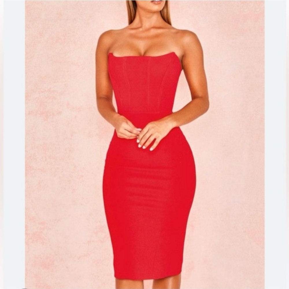 House Of CB Cherry Red Strapless Dress Niaz XS
